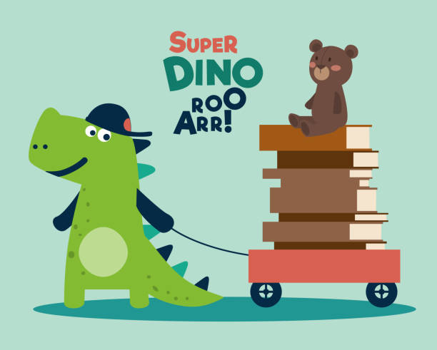 illustrazioni stock, clip art, cartoni animati e icone di tendenza di dinosauro divertente con carrello e libri - 292