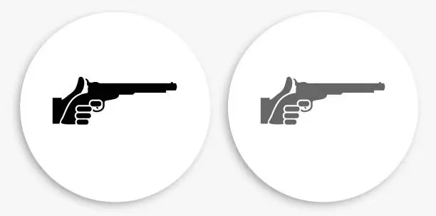 Vector illustration of Holding Pistol Black and White Round Icon