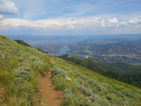 A view of Jordanelle reservoir from a hiking trail at Deer Valley Resort near Park City, Utah.