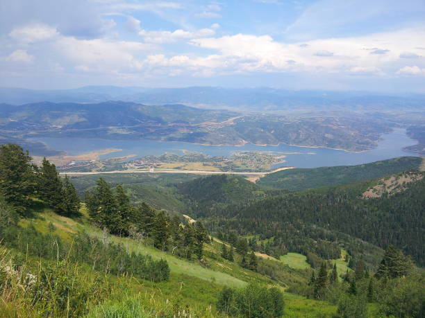 Joradanelle Resevoir from Deer Valley A view of Jordanelle reservoir from a hiking trail at Deer Valley Resort near Park City, Utah. deer valley resort stock pictures, royalty-free photos & images