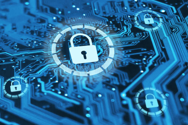istock Cyber security and protection of private information and data concept. Locks on blue integrated circuit. Firewall from hacker attack. 1155565442