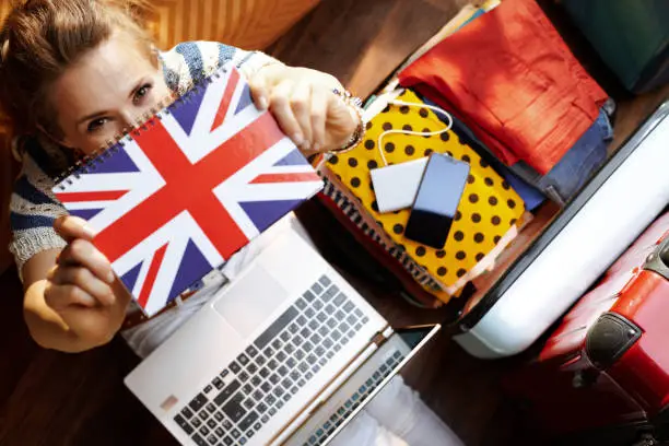 Photo of woman showing Great Britain flag notebook while booking hotel on