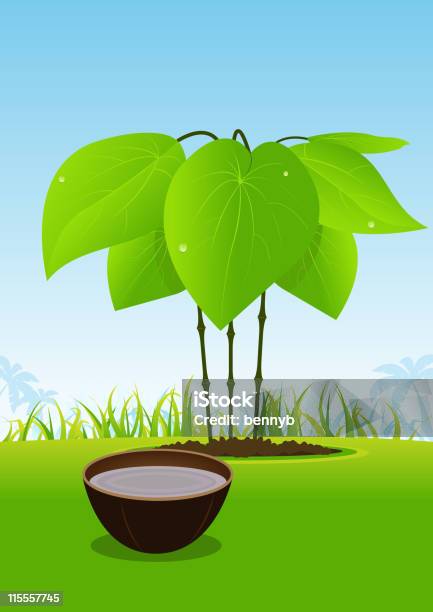 Kava Plant И Ее Сок В Деревянная Чаша — стоковая векторная графика и другие изображения на тему Кава - Кава, Фиджи, Аборигенная культура