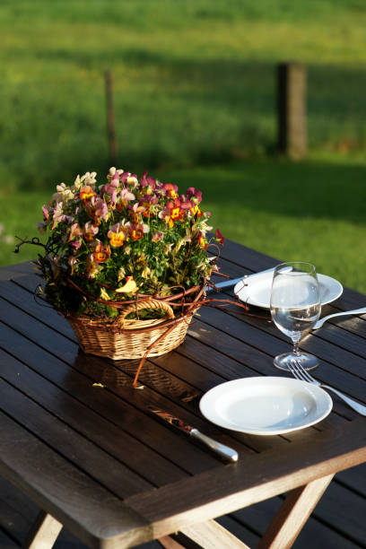 Arrangement for romantic dinner outside after rain in the garden