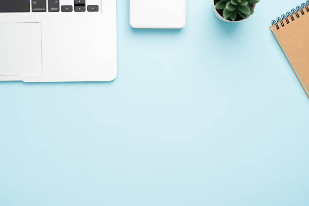 istock Top view with copy space of office desk with accessories 1155578089
