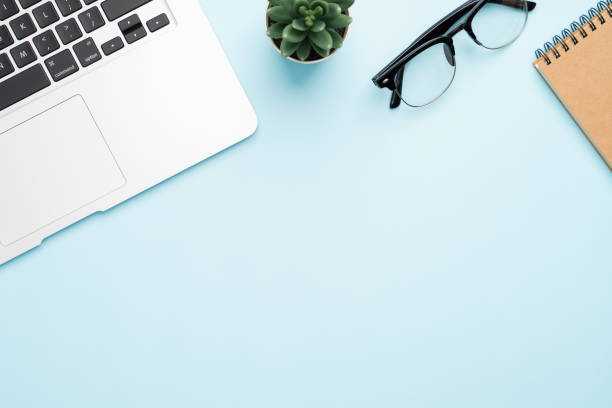 istock Top view with copy space of office desk with accessories 1155578193
