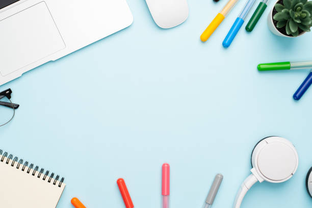istock Top view with copy space of office desk with accessories 1155578254