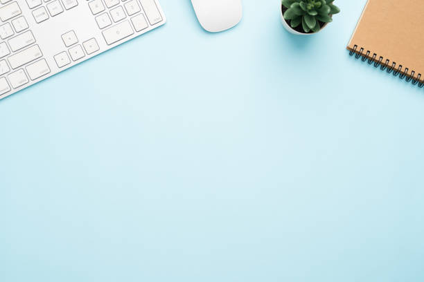 istock Top view with copy space of office desk with accessories 1155578281