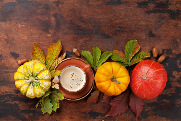 istock Autumn still life with pumpkins and coffee 1155578444