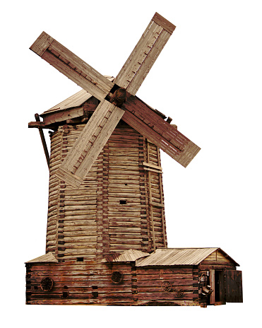 Old high wooden log windmill on white background