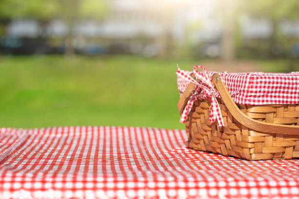 istock picnic basket checkered with picnic tablecloth 1155581795