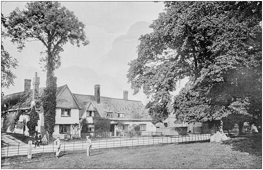 Antique vintage black and white photo: British countryside house