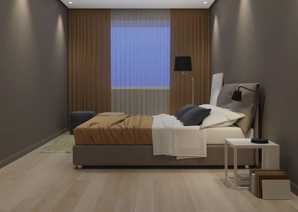 istock Modern house interior. Bedroom design in warm tones. 3D rendering. 1155583327