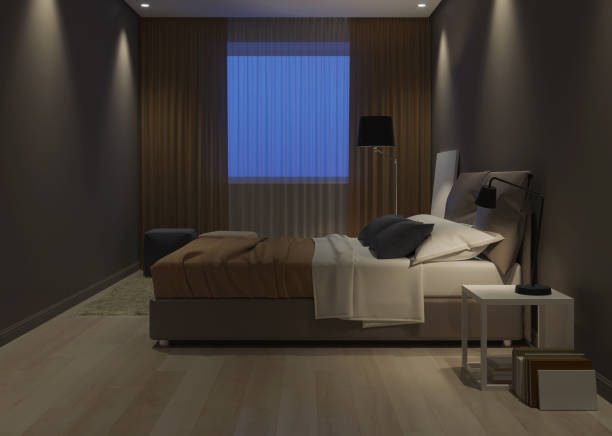 istock Modern house interior. Bedroom design in warm tones. 3D rendering. 1155583330