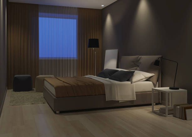 istock Modern house interior. Bedroom design in warm tones. 3D rendering. 1155583343