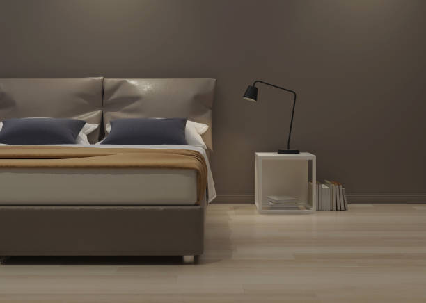 istock Modern house interior. Bedroom design in warm tones. 3D rendering. 1155583347