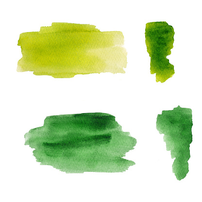 Set of green colorful watercolor blot on white background. The color splashing in the paper. It is a hand drawn picture