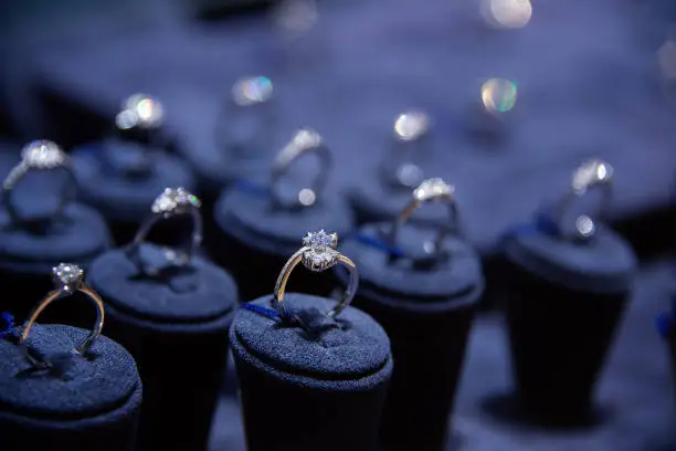 Photo of Fine luxury diamond jewellery window display with ring  pedant