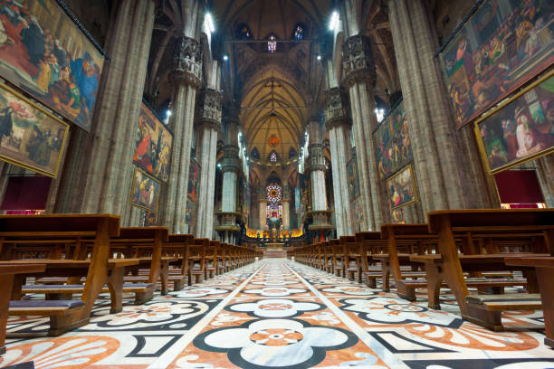 Milano, Italy - September 29, 2017: Interior view of the huge and stunning cathedral Duomo of Milan, Italy.