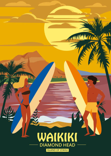해변 와이키키, 일몰, 해안, 야자수에 서퍼 남자와 여자 커플. 서핑을 준비 하세요. 리조트, 열 대 지방, 바다, 바다. 벡터, 포도 수확, 복고풍, 빈티지 - beach surfing bikini retro revival stock illustrations
