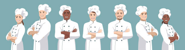 Chef set 2 Set of chefs. European and african smiling men and women stand half turned and facing camera, have crossed arms and wearing chef uniform and hat. Vector illustration chef stock illustrations