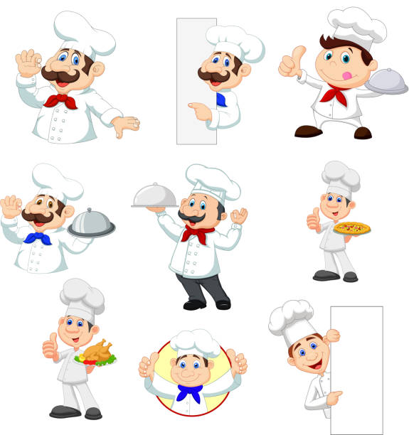 흰색 바탕에 만화 요리사의 세트 - waiter thumbs up restaurant cheerful stock illustrations