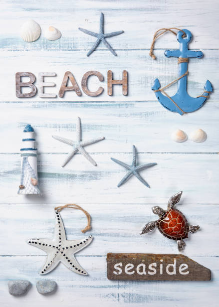 Marine life decoration on a wooden background