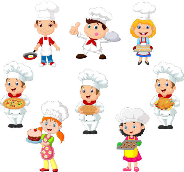 ilustraciones, imágenes clip art, dibujos animados e iconos de stock de colección de niños cocinero chef sobre fondo blanco - mini tortillas