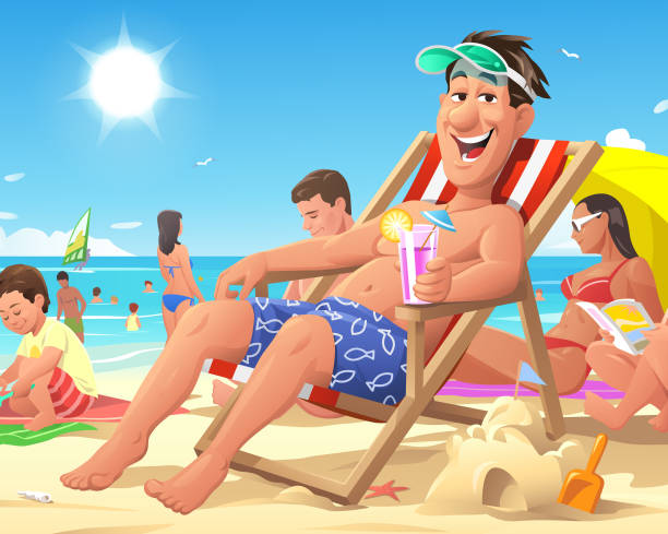 ilustrações, clipart, desenhos animados e ícones de homem que encontra-se em uma cadeira de plataforma na praia - fun tourist resort beach group of people