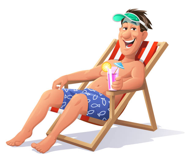 illustrations, cliparts, dessins animés et icônes de jeune homme se trouvant sur une chaise de pont - swimming trunks swimwear clothing beach
