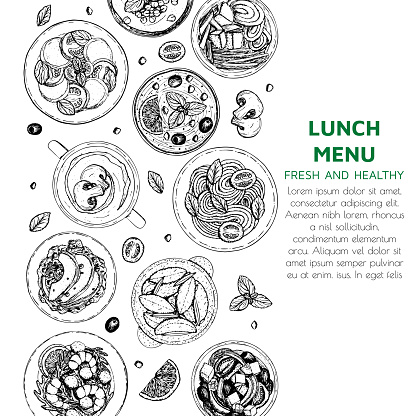 Banner of lunch and dinner ingredients top view. Food elements collection. Hand drawn vector illustration for fllyer, menu