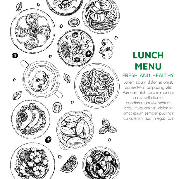 Banner of lunch and dinner ingredients top view Banner of lunch and dinner ingredients top view. Food elements collection. Hand drawn vector illustration for fllyer, menu cooking drawings stock illustrations