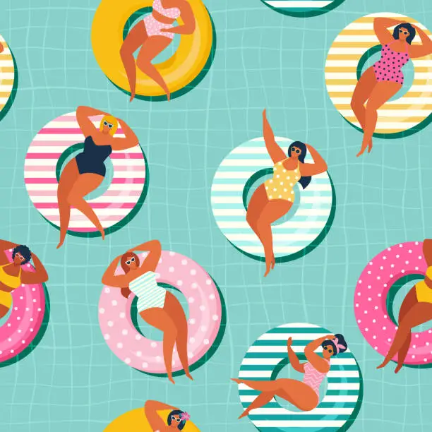 Vector illustration of Summer gils on inflatable in swimming pool floats. Vector seamless pattern.
