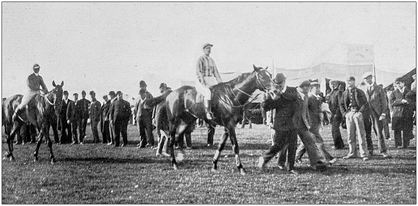 Antique vintage black and white photo: Horse racing event race