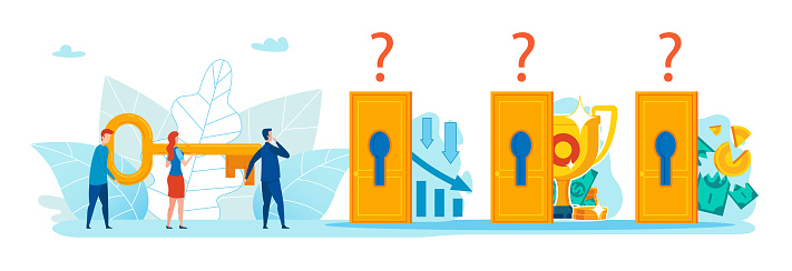 Flat Banner Choice Direction Movement to Target. Poster Men and Women are Standing in front Two Doors and Think about Which Door to Open with Key. People Hold Big Key. Vector Illustration.