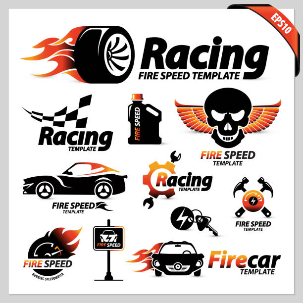 set of car racing logotipe symbols vector set of car racing logotype symbols containing isolated graphic design elements for street racing & other car sports, the illustration is perfect for brochures, magazines, web & print materials street racing stock illustrations