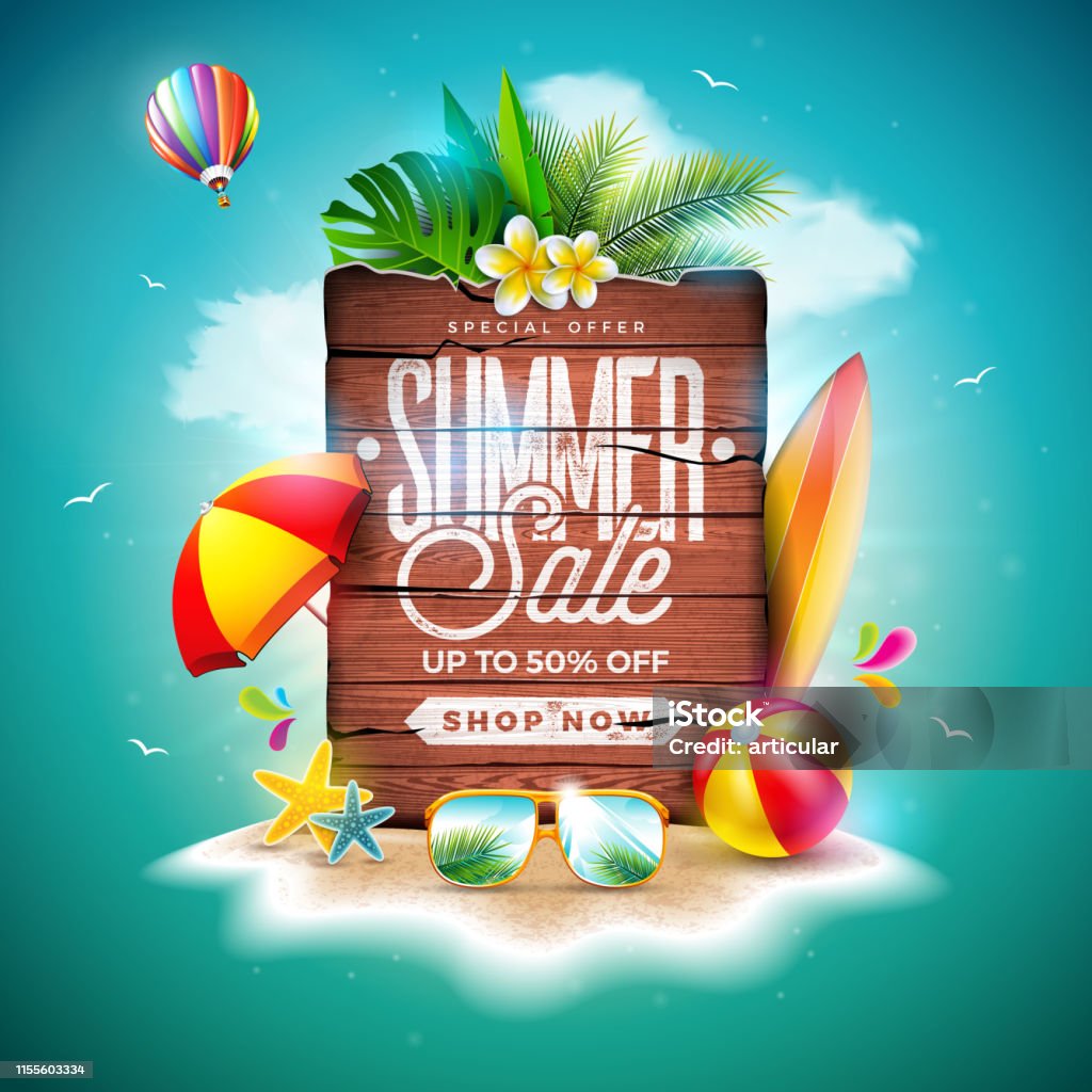 Letnia wyprzedaż Design z egzotycznymi liśćmi palmowymi i deską vintage wood na tle Tropical Island. Vector Holiday Oferta specjalna Ilustracja z Beach Ball i Flower na kupon, voucher, baner, ulotka, plakat promocyjny, zaproszenie lub kartkę z życzen - Grafika wektorowa royalty-free (Lato)