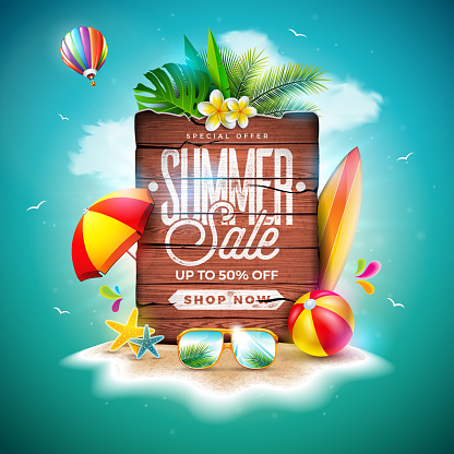 Summer Sale Design with Exotic Palm Leaves and Vintage Wood Board on Tropical Island Background. Vector Holiday Special Offer Illustration with Beach Ball and Flower for Coupon, Voucher, Banner, Flyer, Promotional Poster, Invitation or greeting card