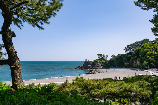 Katsurahama is a scenic beach in Kochi Cty, Kochi Prefecture, Japan. Because of strong currents, swimming is prohibited at Katsurahama.