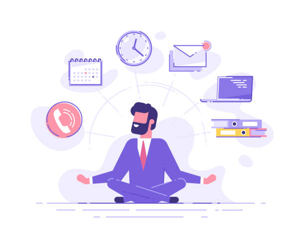 ビジネスの男は、背景にオフィスのアイコンでマインドフルネス瞑想を練習します。マルチタスクと時間管理の概念。ベクターイラスト。 - zen like meditating yoga business点のイラスト素材／クリップアート素材／マンガ素材／アイコン素材