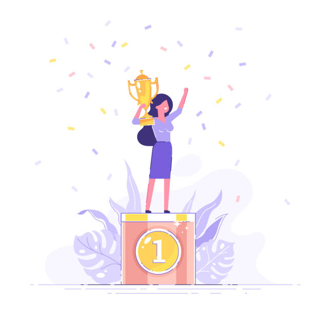 ilustraciones, imágenes clip art, dibujos animados e iconos de stock de hermosa mujer de negocios sonriente está de pie en un pedestal de ganadores con una copa de oro y confeti alrededor. ilustración vectorial moderna. - podium winning number 1 trophy