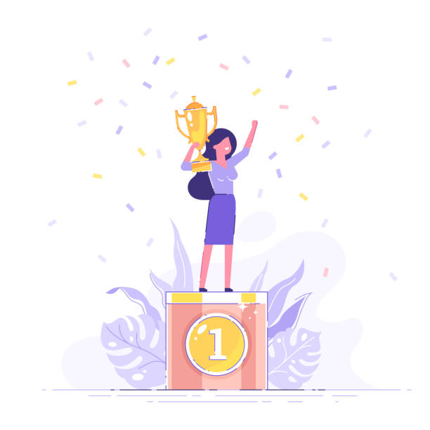 Beautiful smiling businesswoman is standing on a winners pedestal  with a golden cup and confetti around. Modern vector illustration. Beautiful smiling businesswoman is standing on a winners pedestal  with a golden cup and confetti around. Modern vector illustration. confetti illustrations stock illustrations