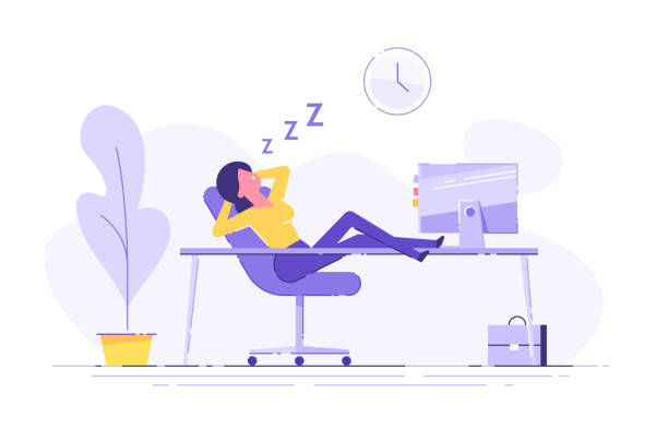 Woman fell asleep at the table in the office. Work overtime. Modern vector illustration. Woman fell asleep at the table in the office. Work overtime. Modern vector illustration. napping illustrations stock illustrations