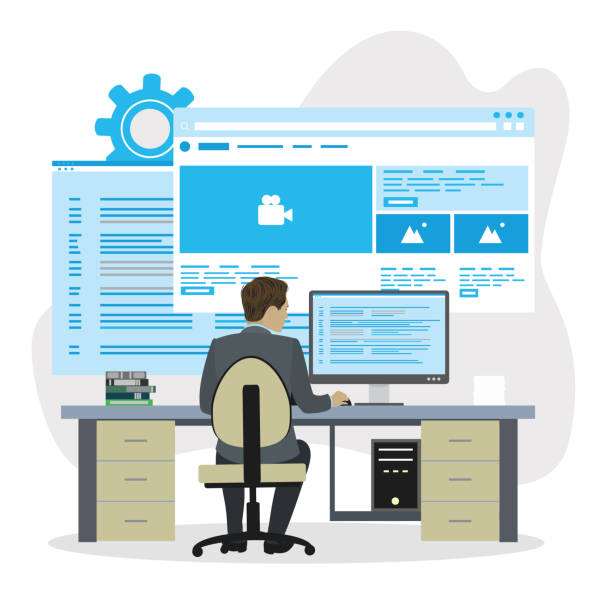 Web development,back-end and front-end developer, Web development,back-end and front-end developer,male character back view,trendy style vector illustration backend code stock illustrations