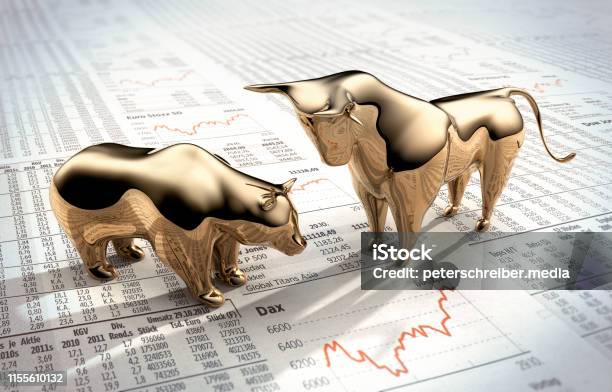 Bull And Bear On Stock Market Prices Stock Photo - Download Image Now - Stock Market and Exchange, Stock Certificate, Bull - Animal