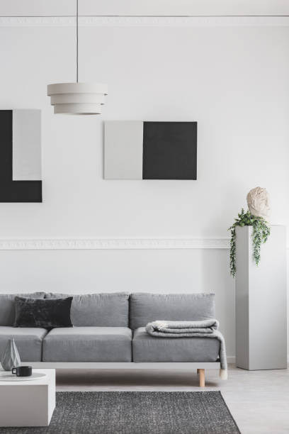 istock Black and grey paintings on white wall behind comfortable grey couch in elegant living room 1155610830