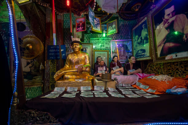 one of house of famous nat at temple on top of mount popa in mandalay myanmar - myanmar bagan temple ayeyarwady river imagens e fotografias de stock