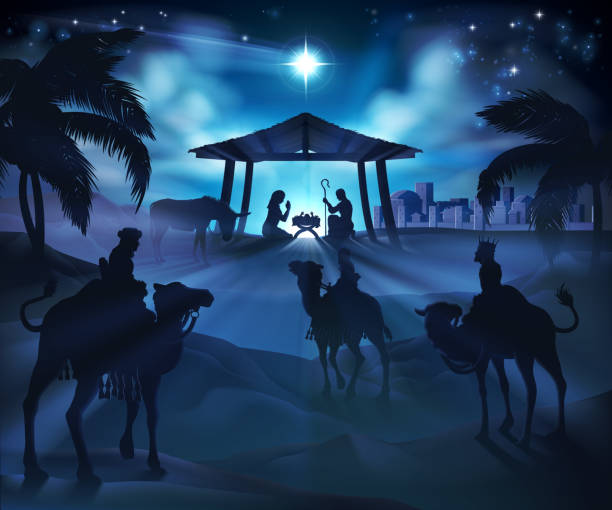 Christmas Nativity Scene Christmas nativity scene, baby Jesus, Mary and Joseph in manger. Bethlehem in background. 3 Wise Men riding camels in silhouette to pay homage. The star above stable. Christian religious illustration. bethlehem star stock illustrations