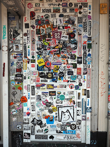 Rotterdam, Netherlands - June, 2, 2019; With stickers decorated and hidden front door.