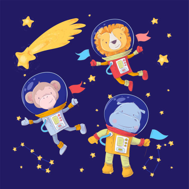 istock Set of cartoon cute animals monkey lion and hippo astronauts in space with stars and a comet for childrens illustration. Vector 1155623556